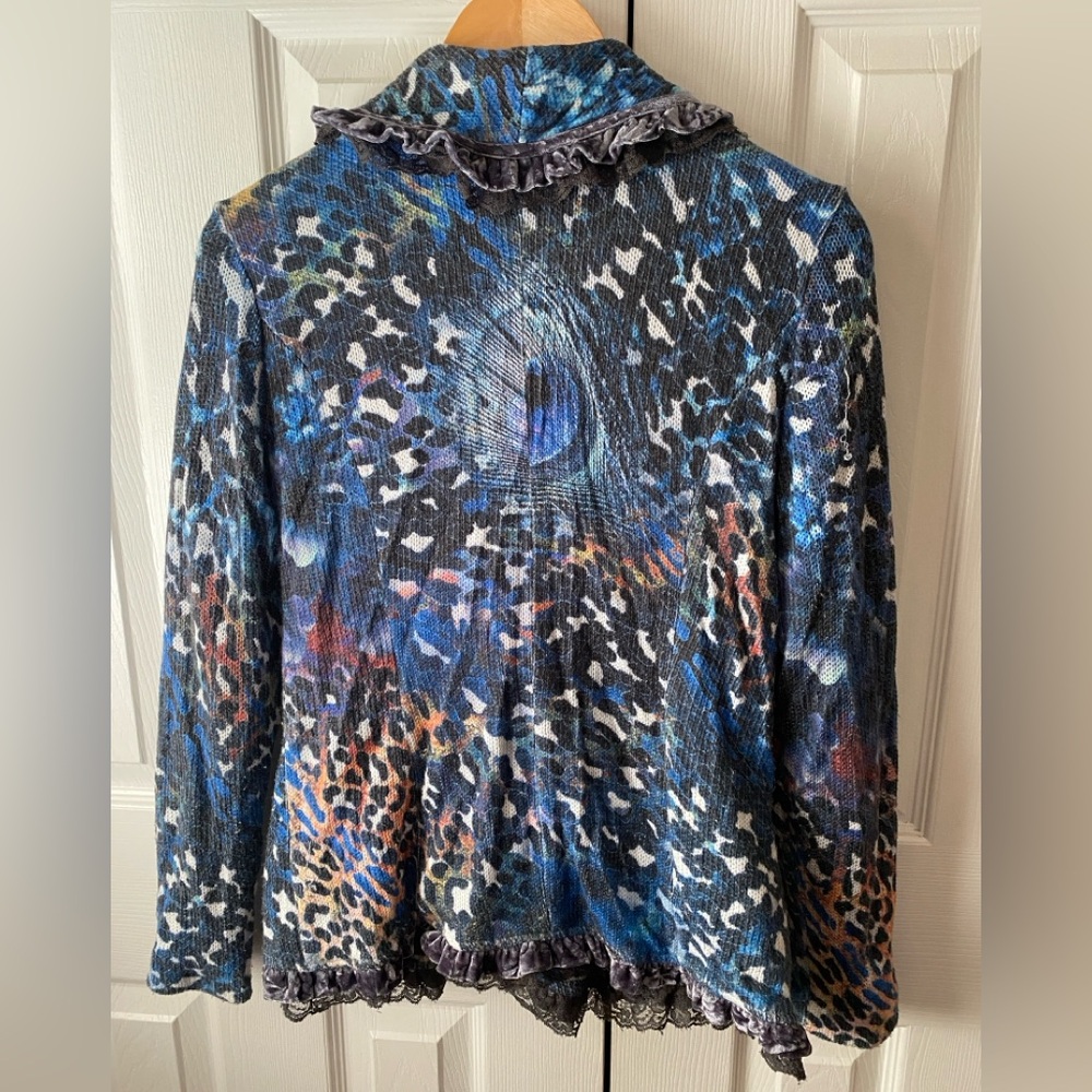 VINTAGE ALBERTO MAKALI Animal Print Knit Velvet Trim Button Front Blazer M - Picture 2 of 6